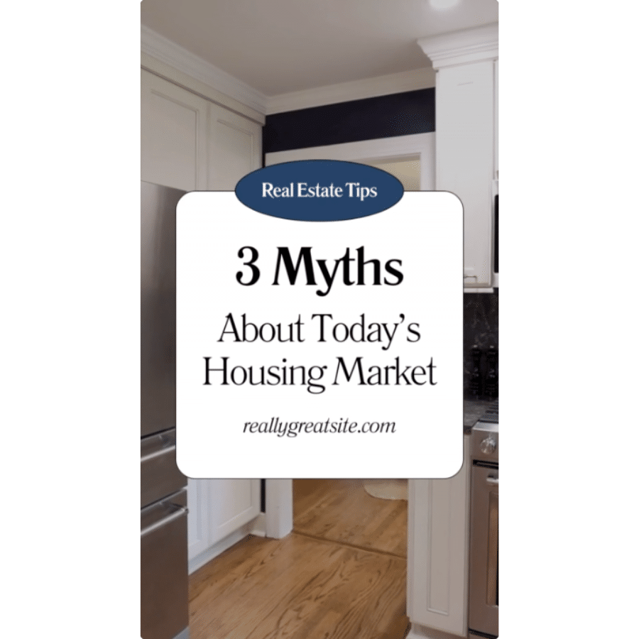 Reel template with Real Estate Tips: 3 Myths About Today's Housing Market overlaid on a B-roll video of a kitchen