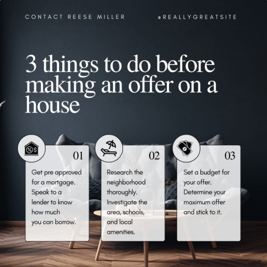 Template from Canva with "3 things to do before making an offer on a house" and three boxes underneath. Each box has a graphic and a tip.