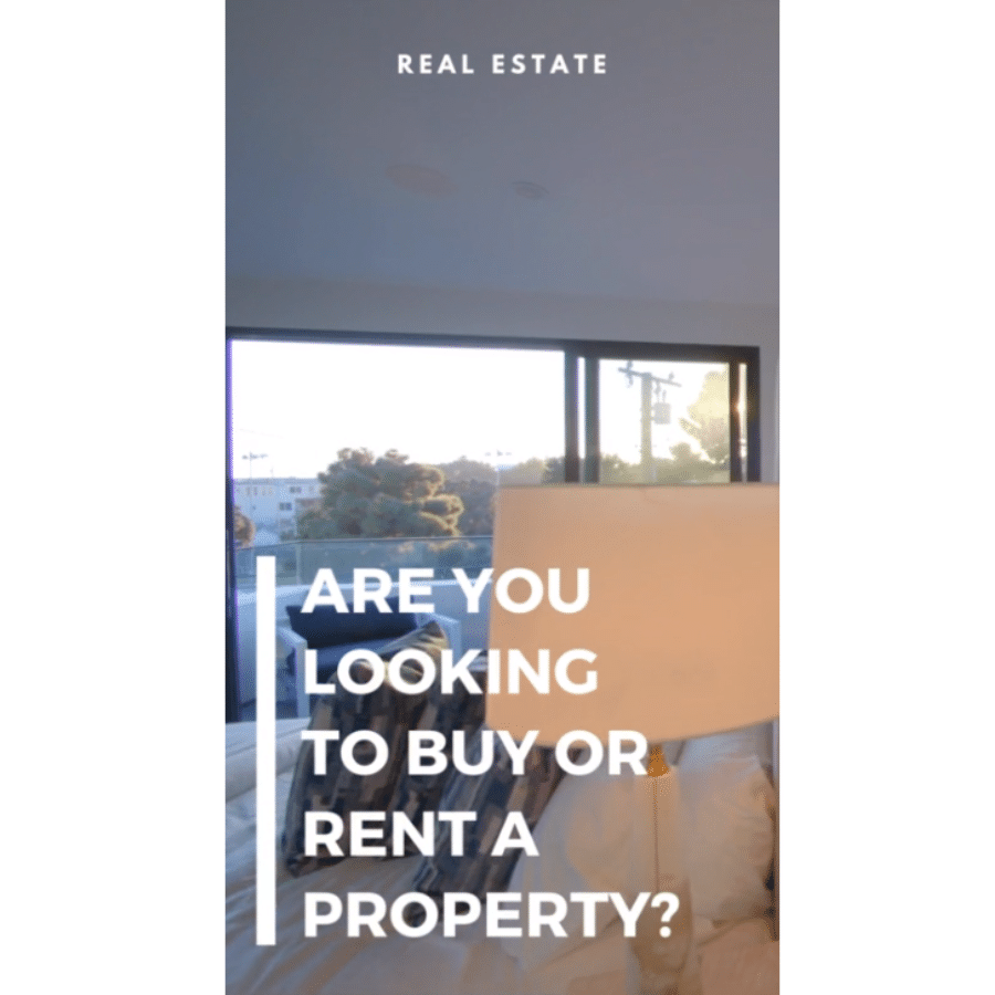 Screenshot of a Canva Reels template with "Are You Looking to Buy or Rent a Property" overlaid on a video of the interior of a house.